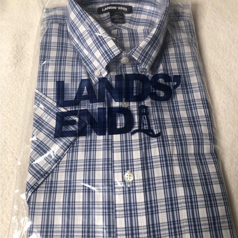 Lands' End Men's White and Blue Plaid Button-Down Shirt